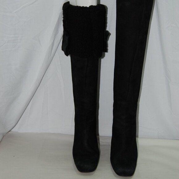 39.5/9.5❤️PRADA Black Slouch Shearling Suede Leather Over Knee High Heels Boots - Picture 1 of 13